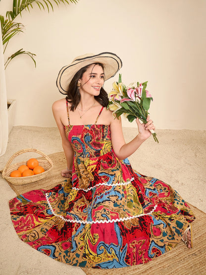Abstract Printed Smocking Tiered Dress