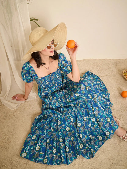 women-blue-floral-print-smocked-flare-dress