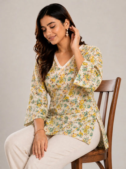 Women's Beige Floral Print Corset Style Short Kurti with V-Neck, Three-Quarter Flared Sleeves and Adjustable Back Tie-Up for Casual Wear