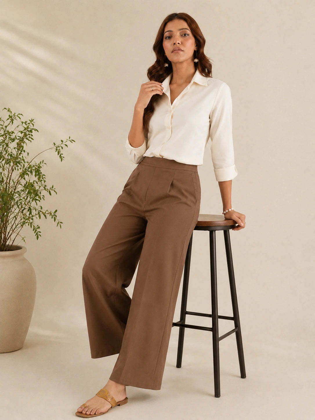 Women's Brown Solid Wide Leg Trousers