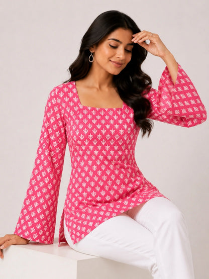 Women's Pink Printed Corset Style Kurti with Square Neck, Full Bell Sleeves and Adjustable Back Tie-Up for Casual Wear