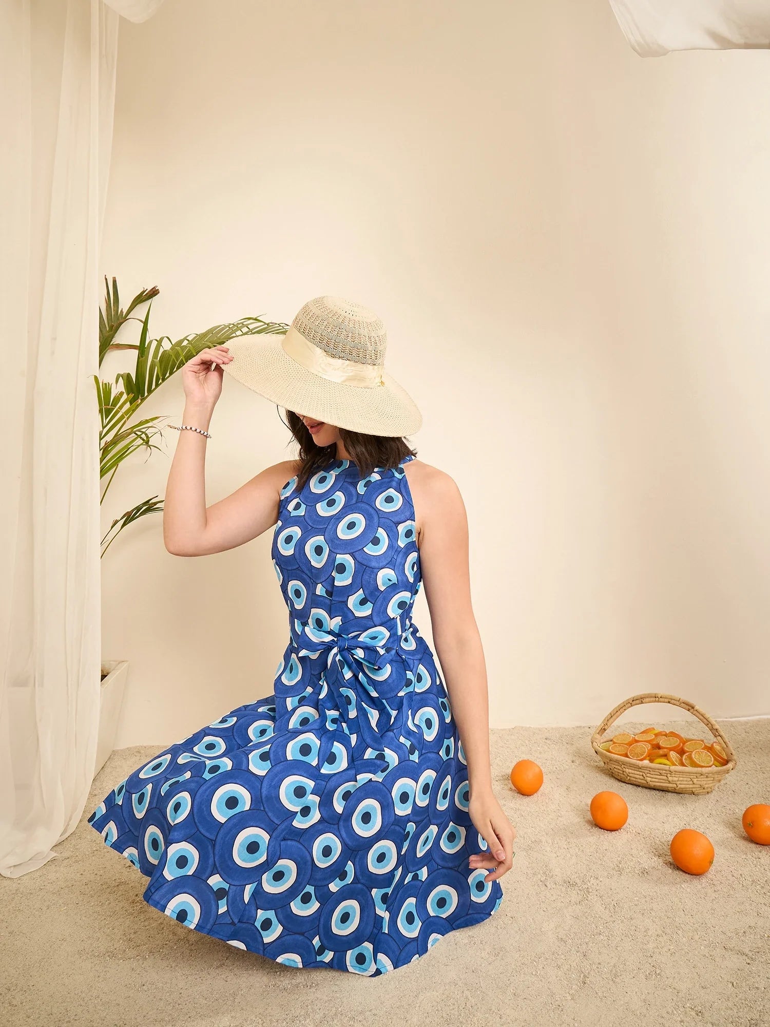 women-blue-evil-eye-printed-halter-neck-cotton-dress