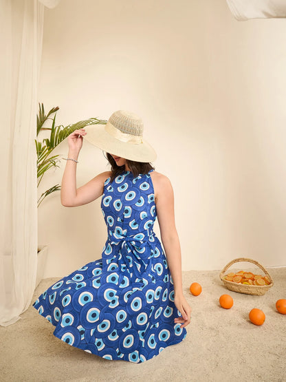 women-blue-evil-eye-printed-halter-neck-cotton-dress