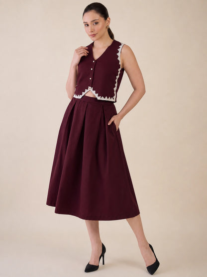 Women Burgundy Vest & Skirt Co-ord Set