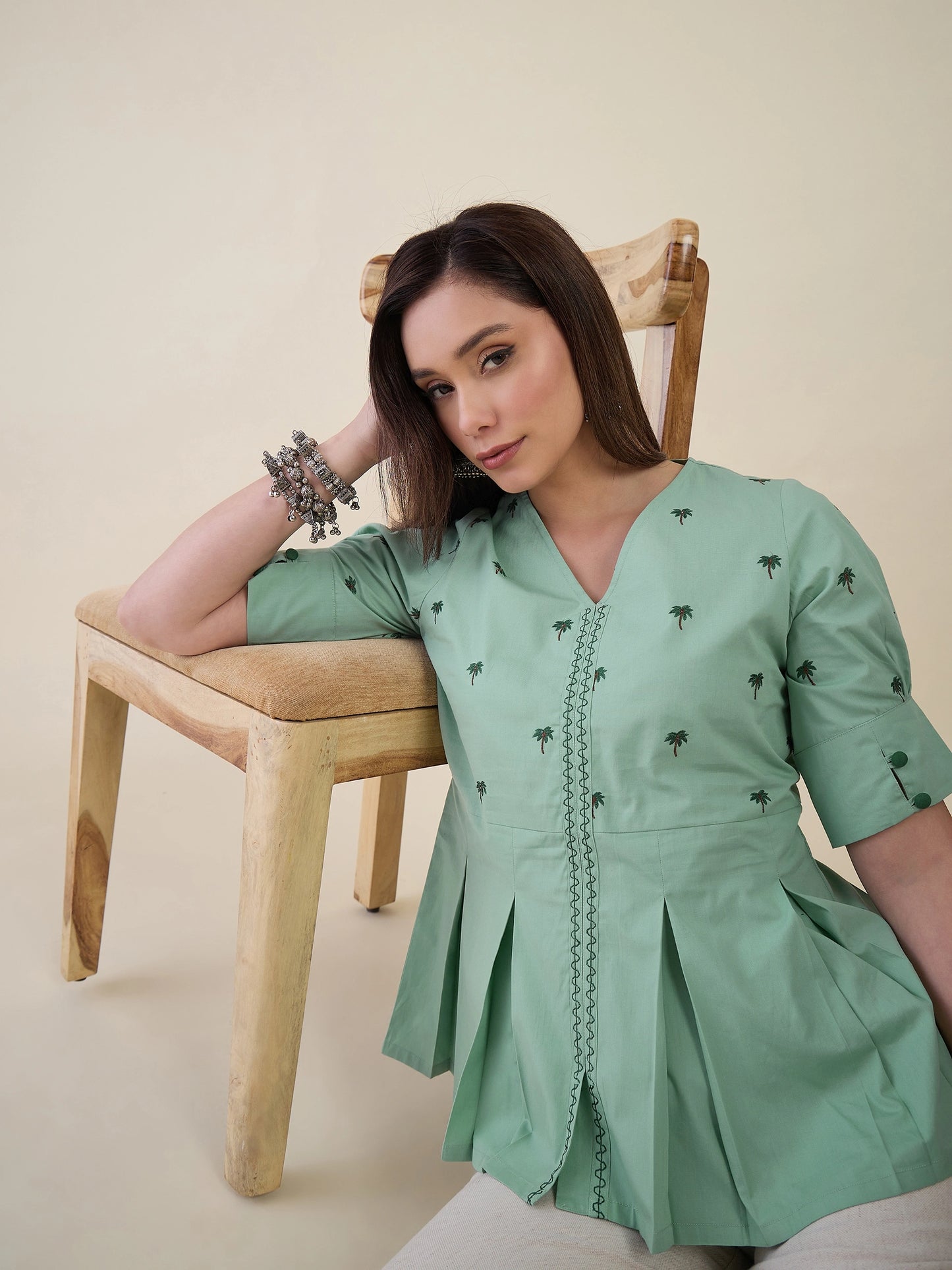Women Mint Green Embroidered Peplum Top