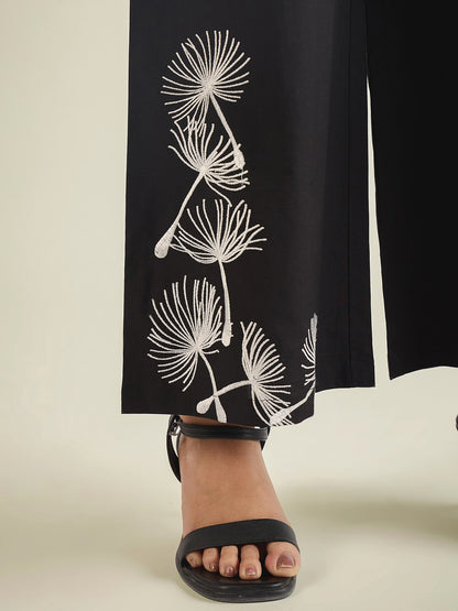 Women Black Cotton Embroidered waistcoat with pant co-ord set