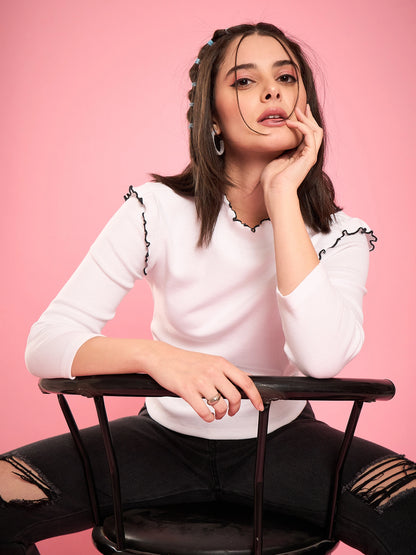 White Ruffle Trim Ribbed Top