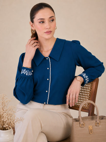 Women Blue Embroidered Cuff Shirt