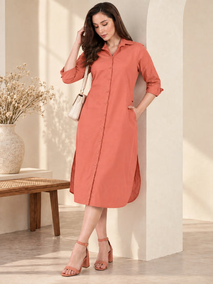 Women's Peach Shirt Dress | Shirt Collared Neck | Button Down Midi Dress with Waist Belt