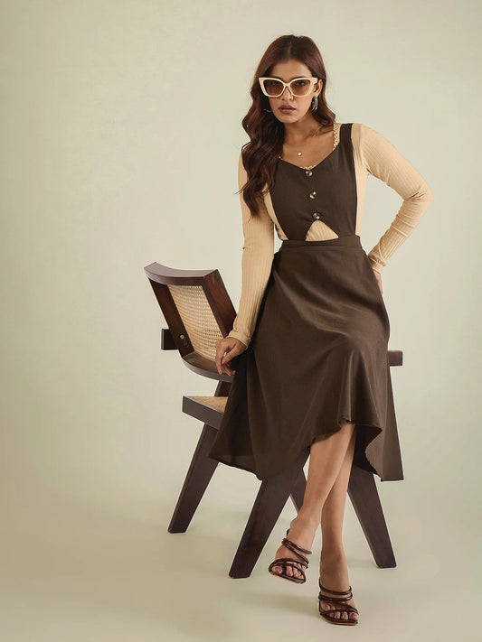 winered-women-brown-pinafore-flared-dress