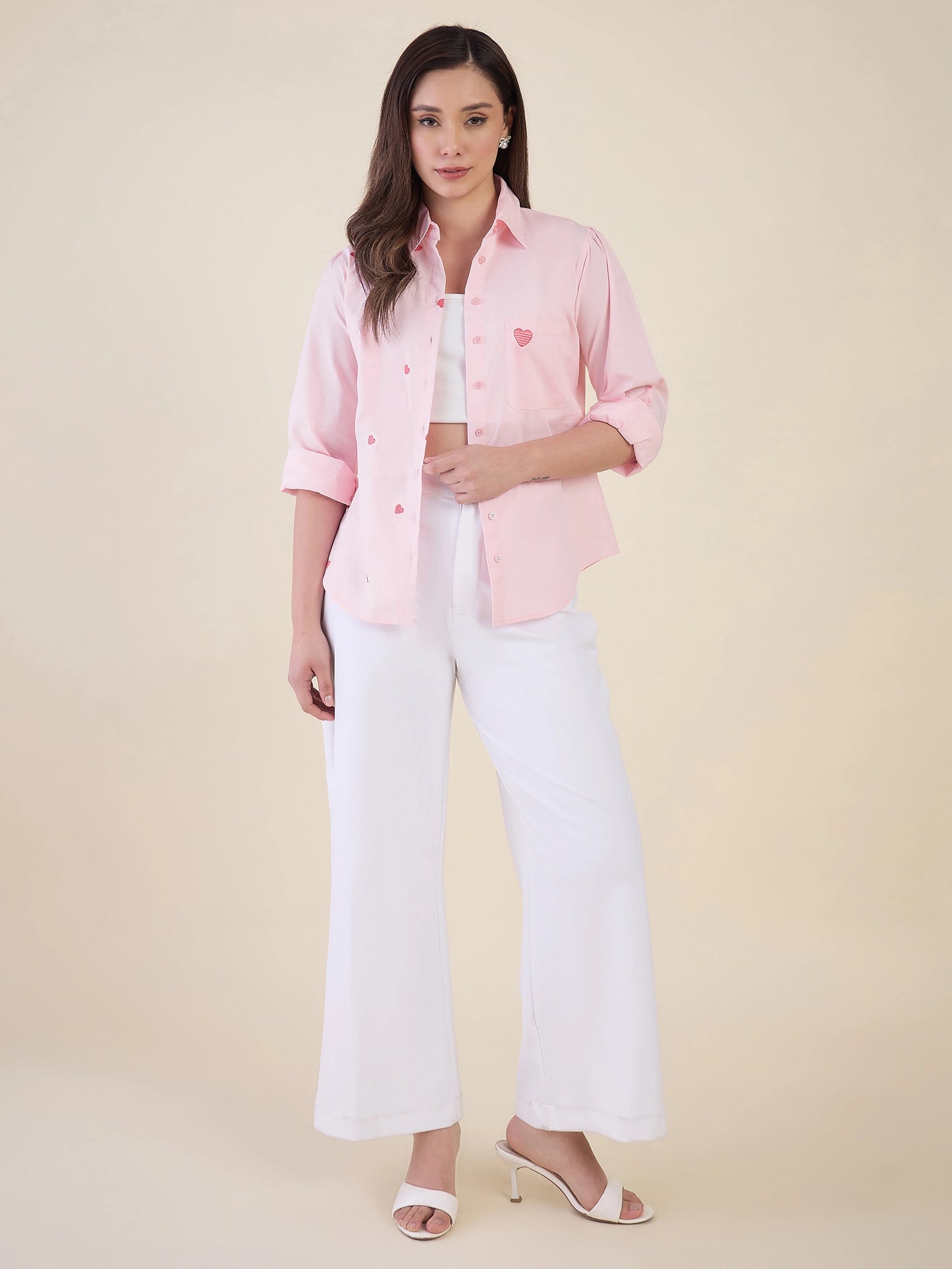 Women Pink Heart Embroidered Casual Shirt