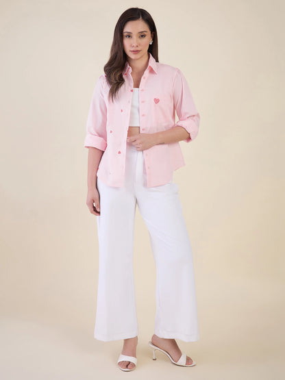 Women Pink Heart Embroidered Casual Shirt