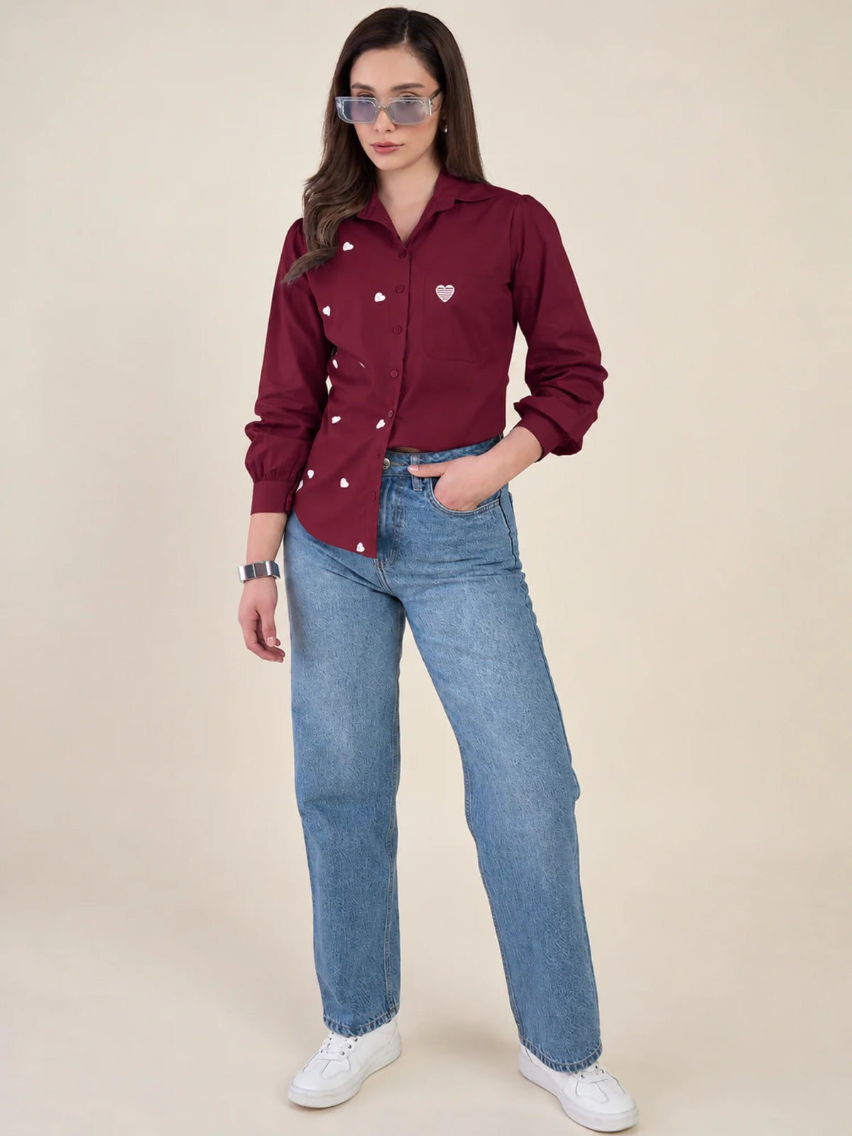 Women Burgundy Heart Embroidered Casual Shirt