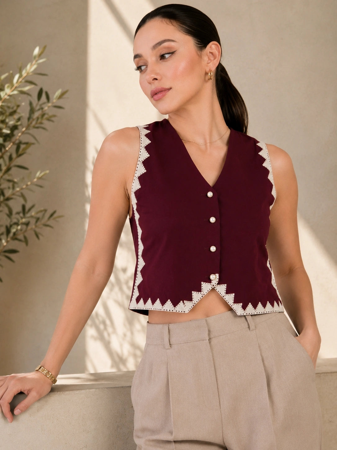 Women Solid Sleeveless V-Neck Lace Detail Waistcoat