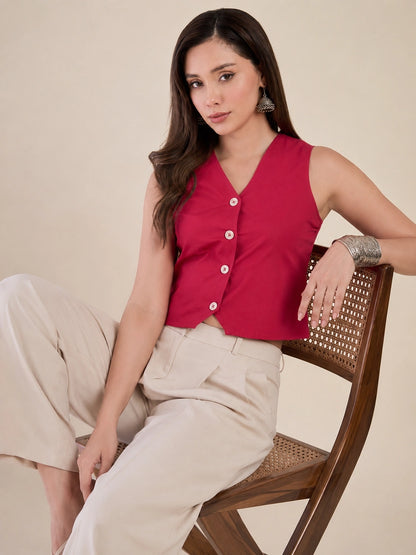 Women Solid Sleeveless V-Neck Waistcoat Top