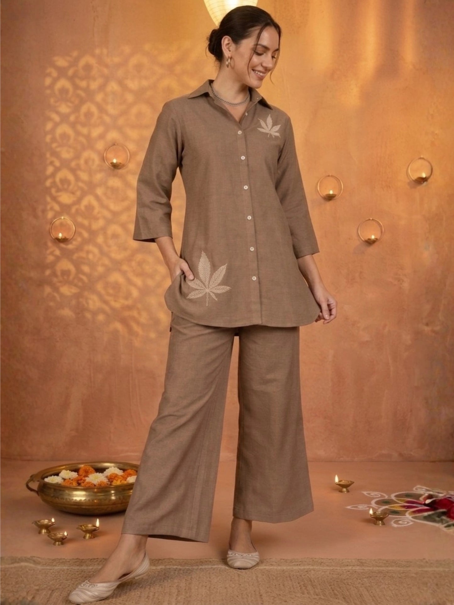 Women Solid Beige Leaf Embroidery Co-Ord Set
