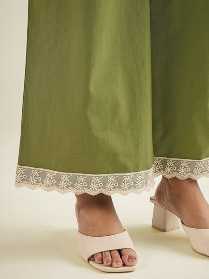 women-green-cotton-poplin-lace-detailed-tunic-with-pant-co-ord-set
