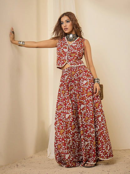 women-maroon-cotton-printed-lace-detailing-waistcoat-with-skirt-co-ord-set