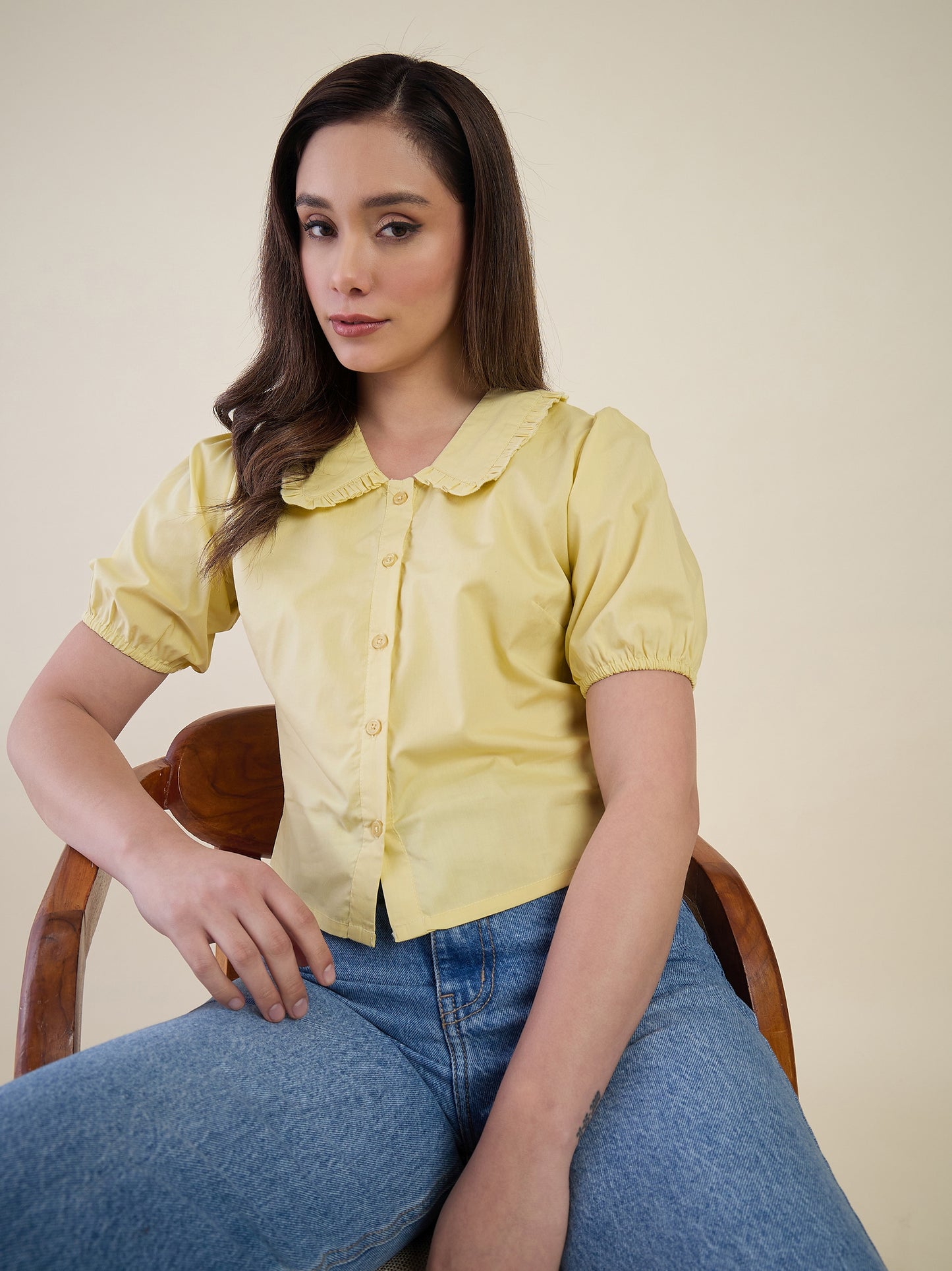 Women Yellow Ruffle Collar Puff Sleeve Top