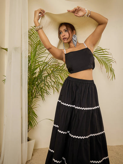 Black Cotton Lace Detailing Crop Top with Skirt Co-ord Set