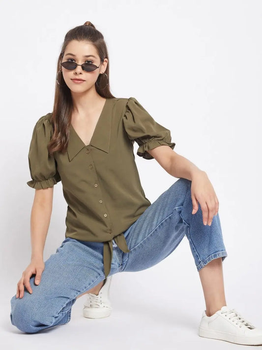 winered-dark-green-solid-polyester-shirt-style-top