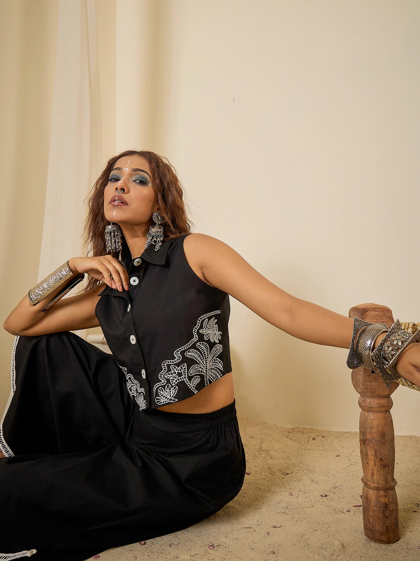 Black Cotton Embroidered Crop Top with flared Pant Co-ord Set