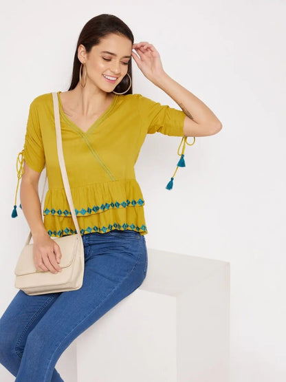 winered-yellow-a-line-rayon-embroidered-top