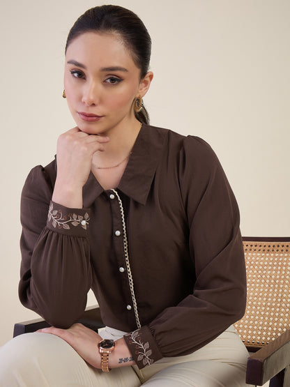 Women Brown Embroidered Cuff Shirt