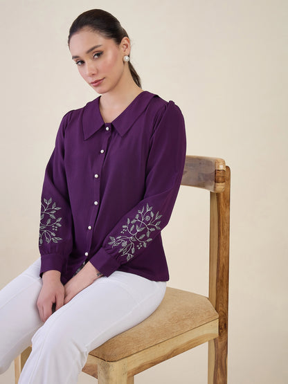 Women Purple Embroidered Peter Pan Collar Shirt