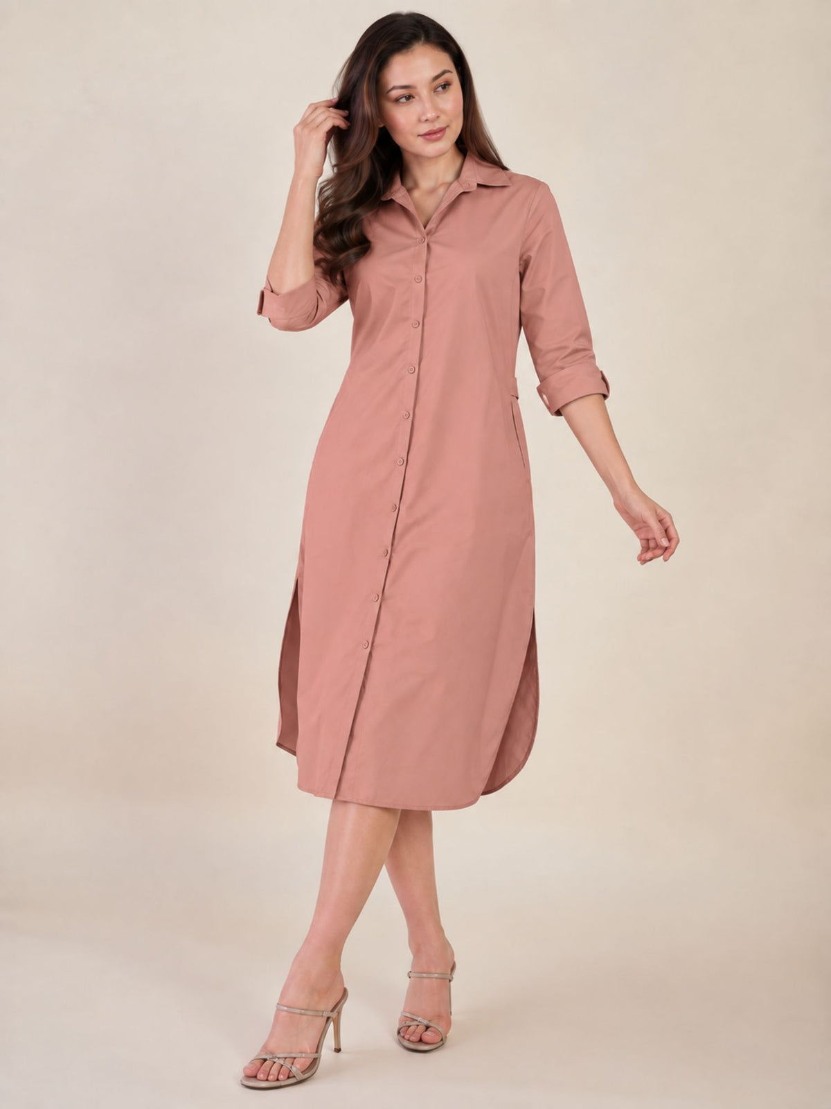 Women's Peach Shirt Dress | Shirt Collared Neck | Button Down Midi Dress with Waist Belt