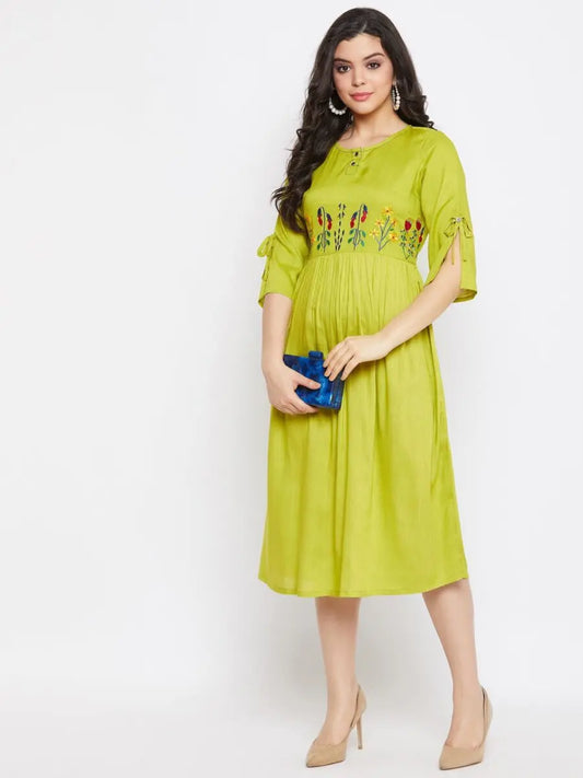 winered-green-gathered-rayon-embroidered-dress