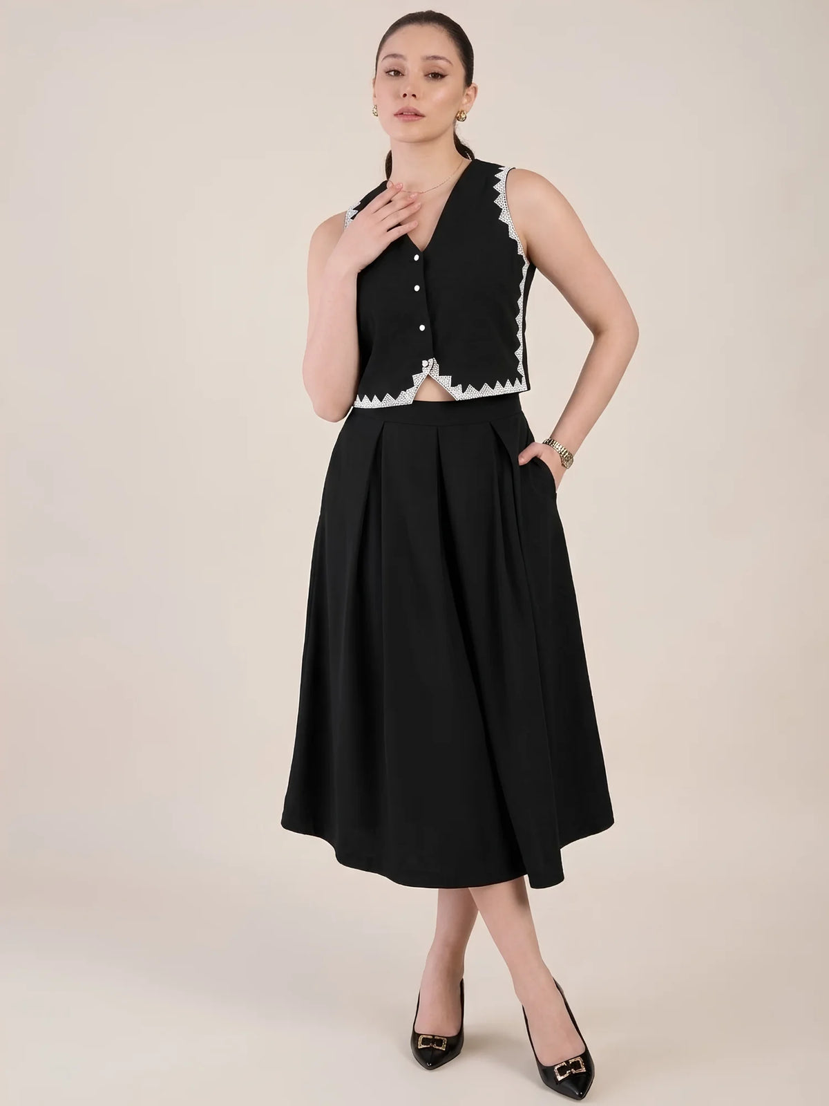 Women Black Vest & Skirt Co-ord Set