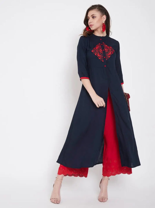 winered-dark-blue-a-line-rayon-embroidered-kurta