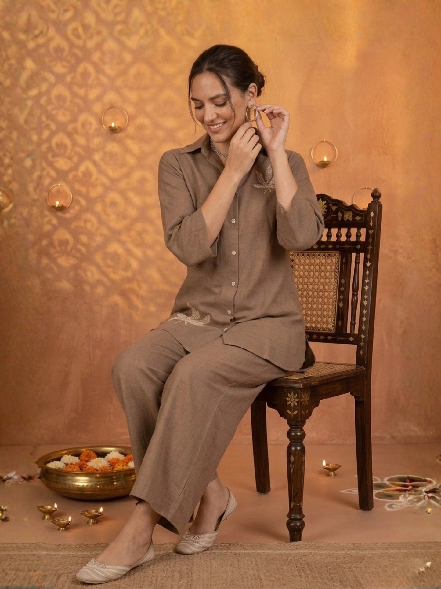 Women Solid Beige Leaf Embroidery Co-Ord Set