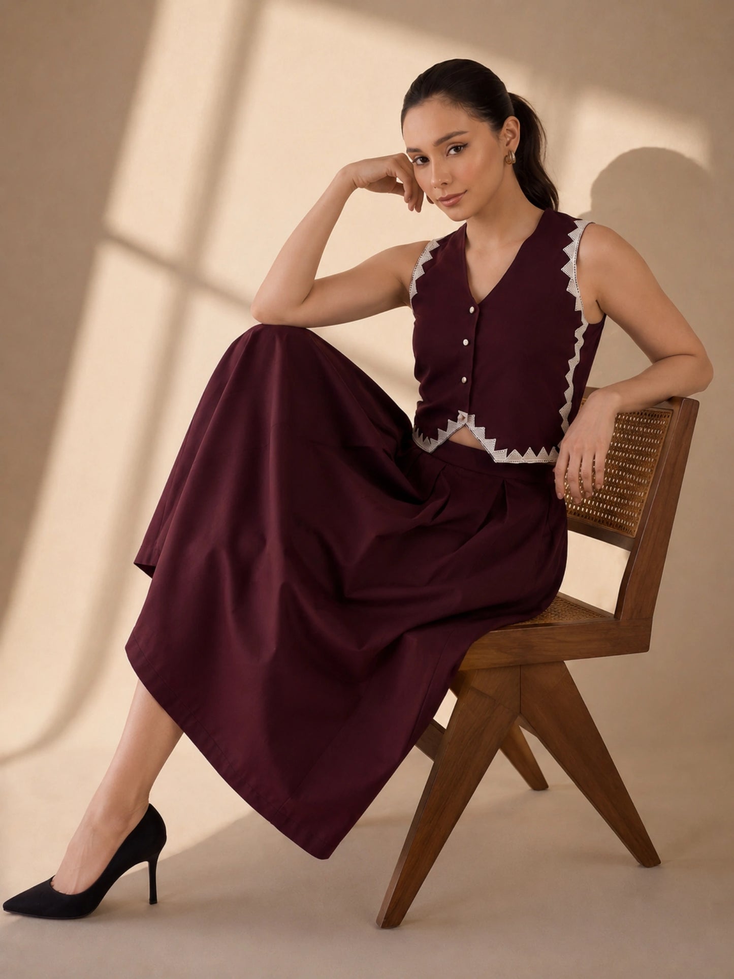 Women Burgundy Vest & Skirt Co-ord Set