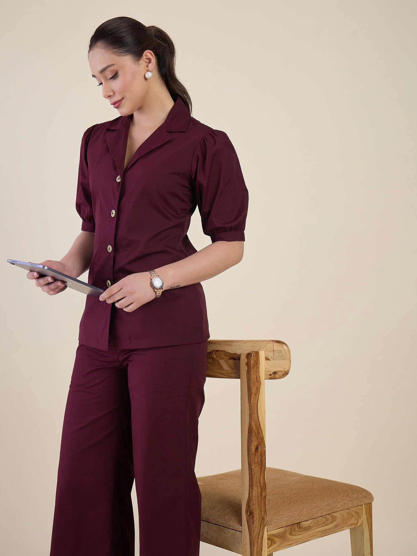 Women Burgundy Puff Sleeves Co-ord Set