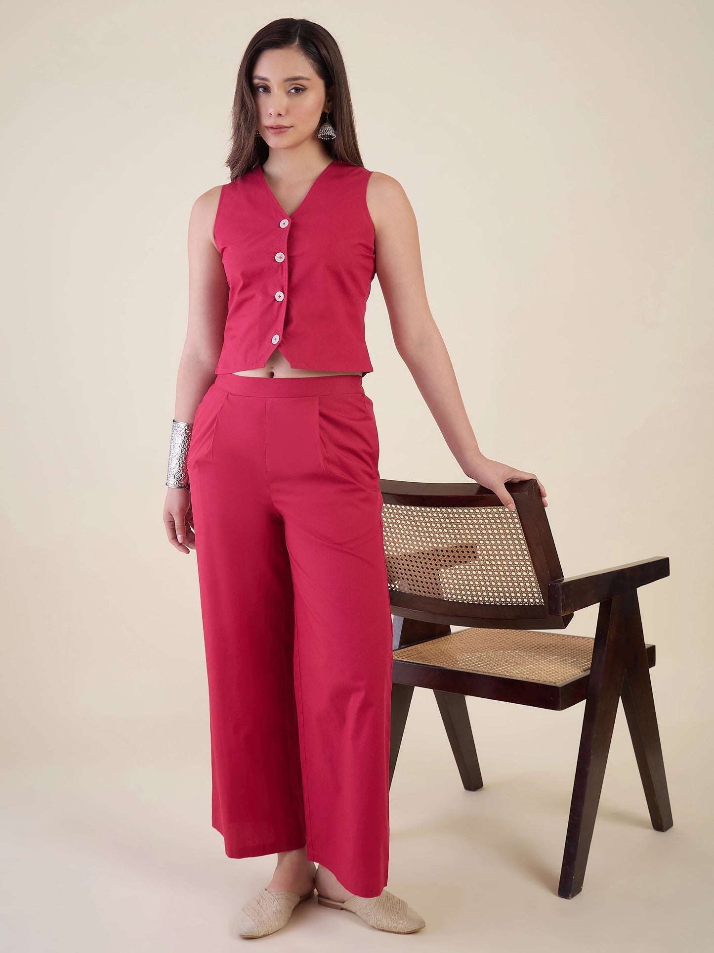 Women Pink Sleeveless Vest Top with Pants Co-ord Set