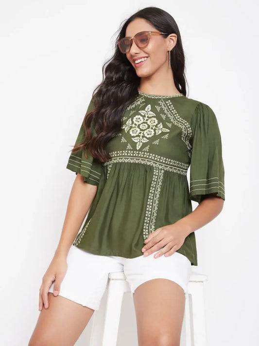 winered-green-embroidered-rayon-regular-top