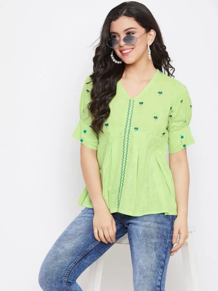 winered-light-green-embroidered-cotton-regular-top