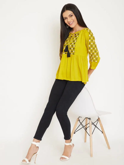 winered-yellow-embroidered-rayon-regular-top