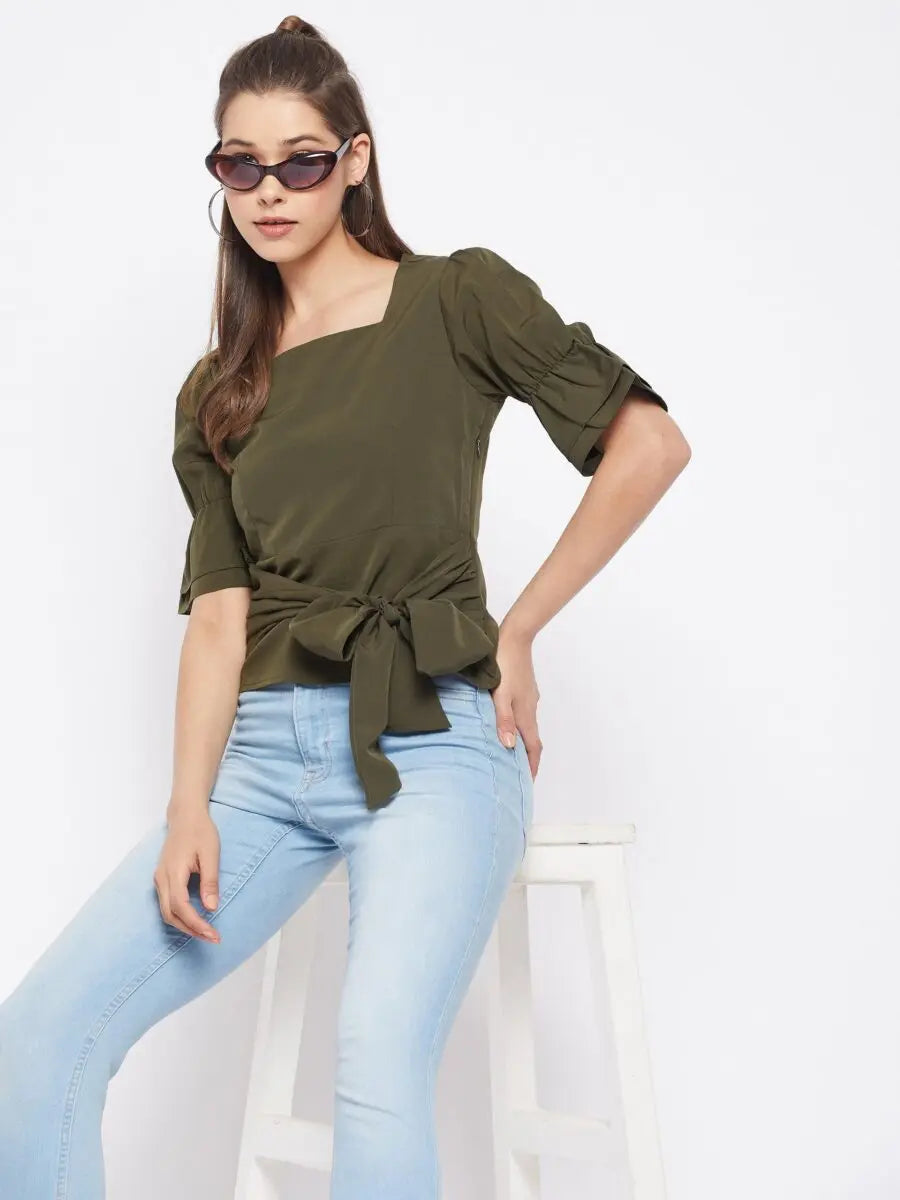 winered-dark-green-solid-polyester-regular-top