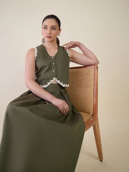 Women Olive Green Vest & Skirt Co-ord Set