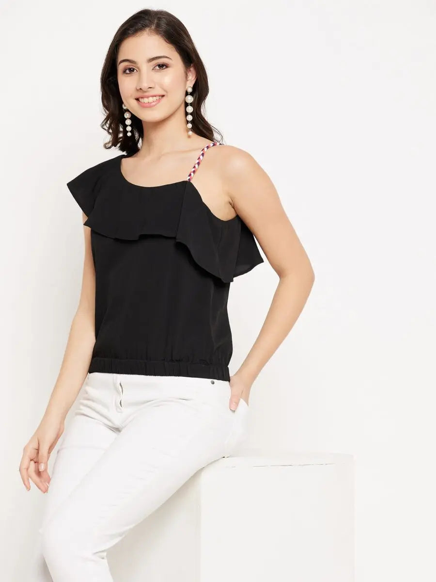 winered-coloured-strap-ruffle-neck-top