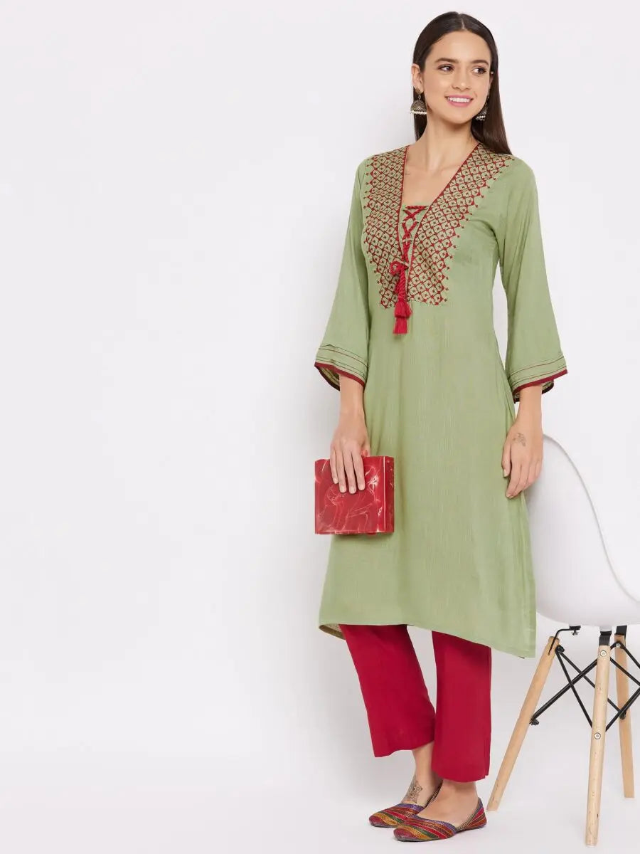 winered-green-a-line-rayon-embroidered-kurta
