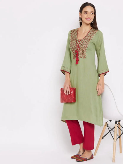 winered-green-a-line-rayon-embroidered-kurta