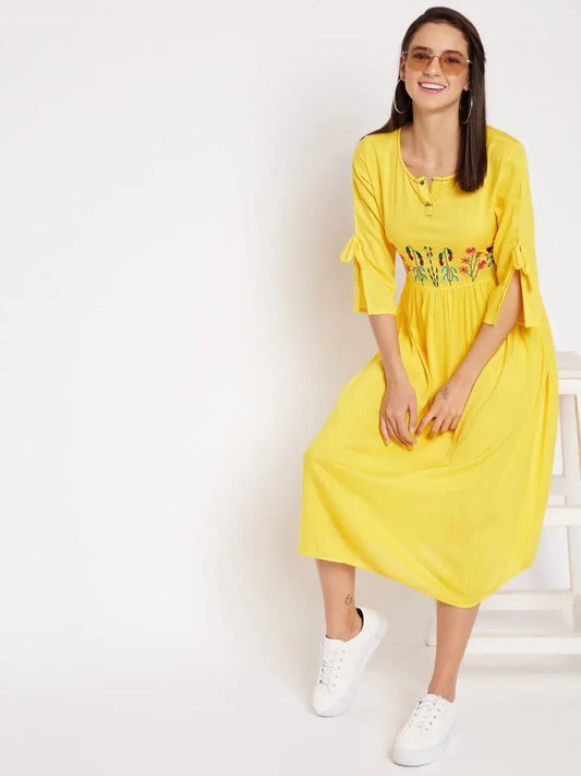 winered-yellow-gathered-rayon-embroidered-dress