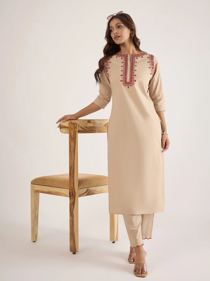 Women Beige cotton embroidered straight-cut kurta