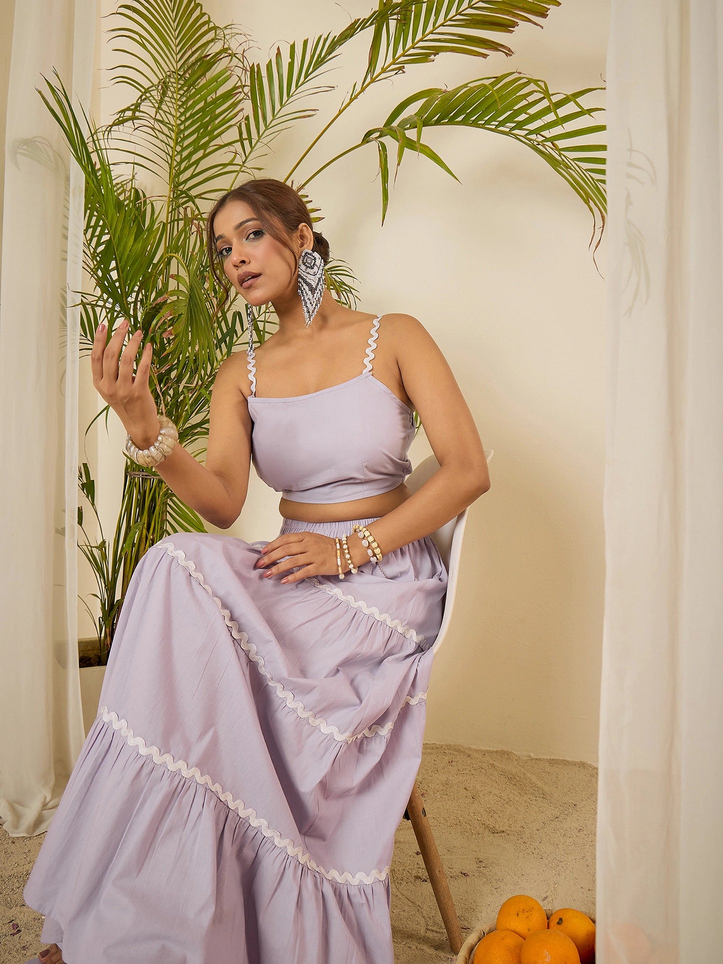 Lavender Cotton Lace Detailing Crop Top with Skirt Co-ord Set