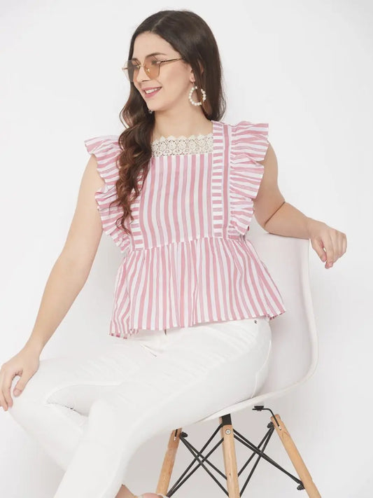 winered-pink-a-line-cotton-striped-top