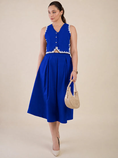 Women Blue Sleeveless Top & Midi Skirt Co-ord Set